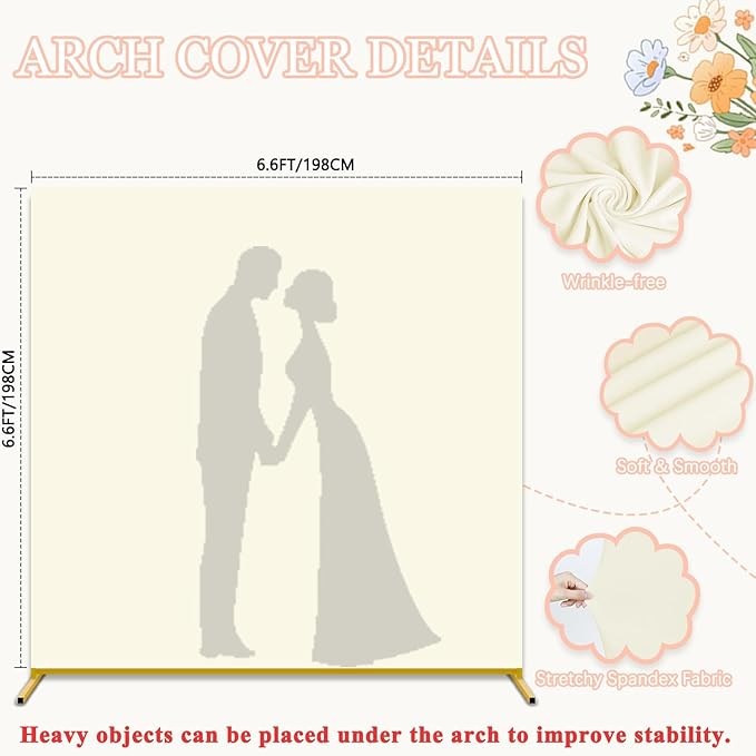 Arch Backdrop Stand with Cover Set 6.6FT x 6.6FT Square Metal Arch Stand and Ivory Arch Cover Wedding Arch Stand with Spandex Backdrop Covers for Birthday Party Bridal Baby Shower Arched Decorations