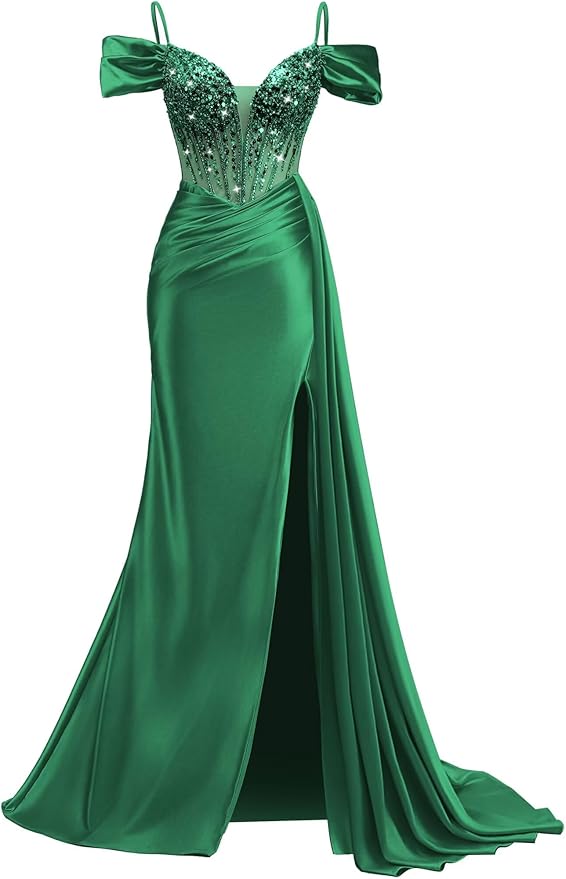 Rjer Off The Shoulder Satin Prom Dresses Long with Slit Tail 2026 Sequin Beaded Pleated Evening Ball Gown for Women Formal