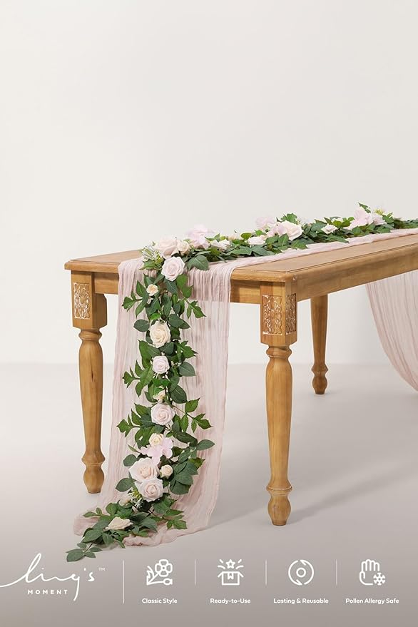 Ling's Moment 5FT Cream Artificial Flower Garland Fake Rose Eucalyptus Garland Arch Flowers Vine for Wedding Party Backdrop Home Table Centerpieces Decorations