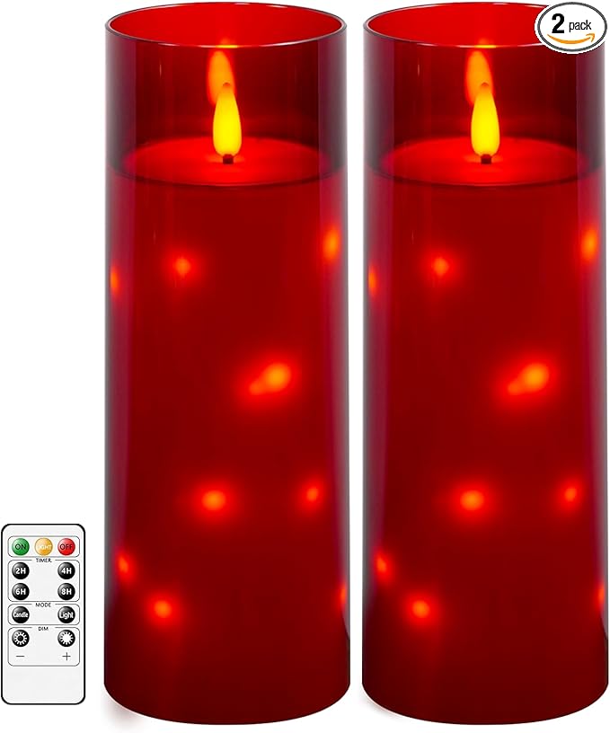 Waterproof Outdoor Candles with Timer & Remote - Battery Operated LED Candles, Realistic Flameless Plastic Pillar, Pack of 2 (4" D x 11" H, Red) for Patio, Garden Camping Rainy Weather