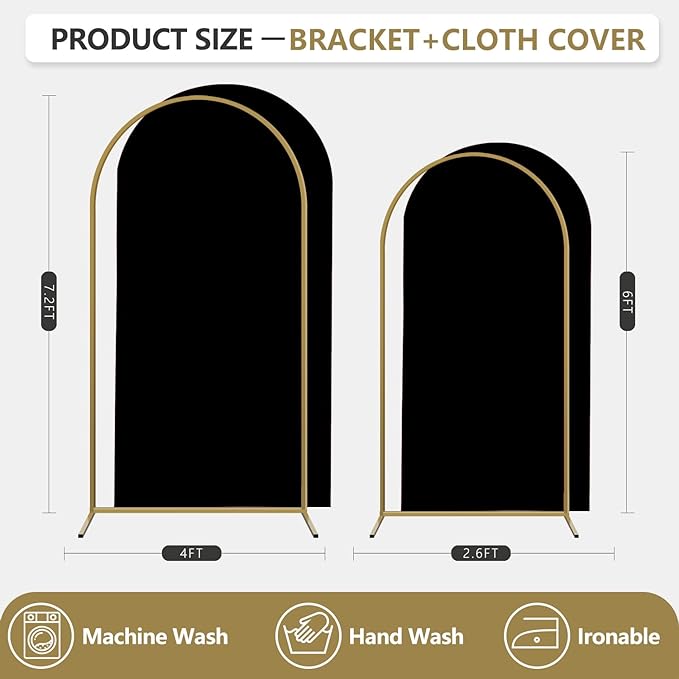 Arch Backdrop Stand and Cover Set, 3 Metal Balloon Arch Backdrop 7.2ft 6ft, Gold Arched Stand Frame for Wedding, Parties,Birthday, Backdrop Decorations (Black,7.2ft+6ft)