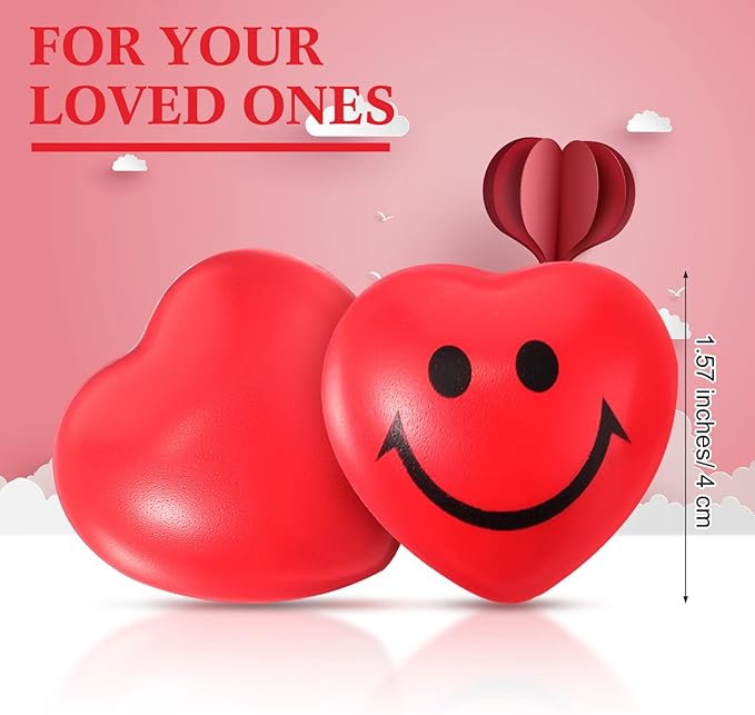 BBTO 150 Pcs Valentine's Day Stress Relief Balls 3 Styles Heart Smile Face Foam Balls Stress Relief Toys Party Favors for Teens Adults Student School Prizes Gift Bag Fillers(Red)