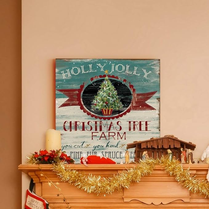 Renditions Gallery Holly Jolly Christmas Tree Farm Wall Art, Cute Winter Decor, Vintage Faux Wood Look, Festive, Premium Gallery Wrapped Canvas, Ready to Hang, 40 in H x 40 in W, Made in America