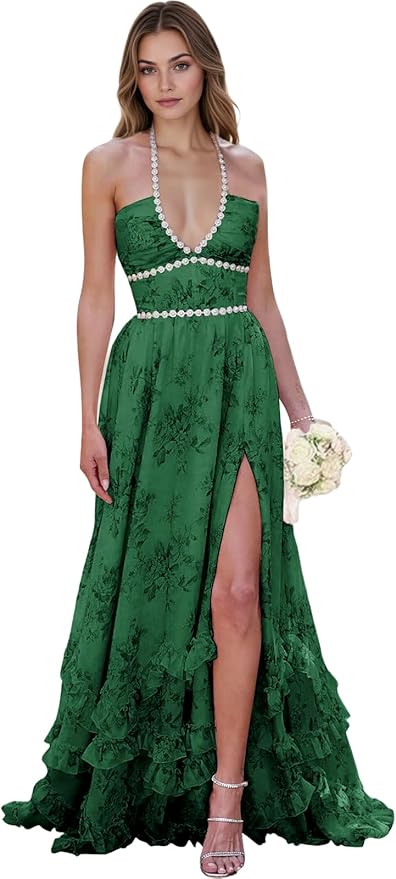 Floral Printed Chiffon Prom Dress for Carmen 2025 Long V Neck Floor Length Photoshoot Dress with Side Slit Ruched