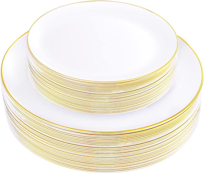 KIRE 60PCS Gold Plastic Plates - Thanksgiving Heavy Duty White Disposable Plates with Gold Rim for Party/Wedding- Include 30Pieces 10.25inch Dinner Plate and 30Pcs 7.5inch Dessert Plate
