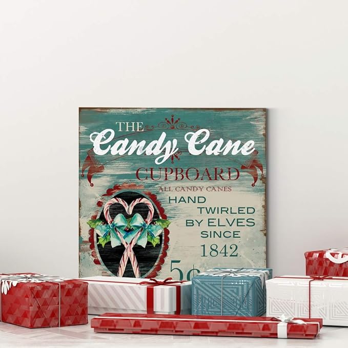 Renditions Gallery Candy Cane Cupboard Wall Art, Cute Christmas & Winter Decor, Vintage Faux Wood Look, Festive, Premium Gallery Wrapped Canvas, Ready to Hang, 16 in H x 16 in W, Made in America
