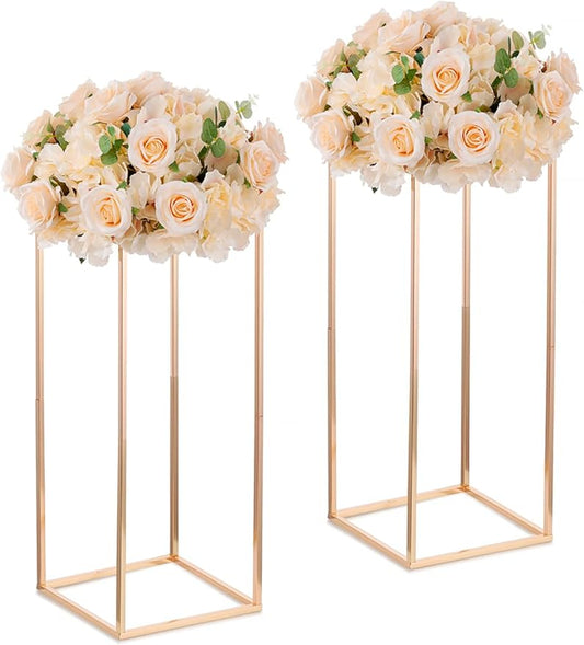 Gold Stand Wedding Centerpieces for Tables - 23.6in Tall Vases for Centerpieces, 2 Pcs Metal Column Flower Stand, Rectangular Flower Display Rack, Wedding Decorations for Tables, Party, Events, Home