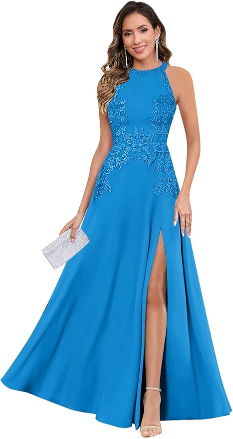 GUKARLEED Halter Lace Appliques Mother of The Bride Dresses for Women Long A-line Formal Wedding Guest Dress with Slit