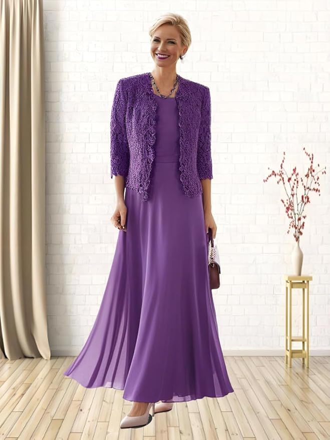 2 Pieces Mother of The Bride Dresses for Women Laces Mother of The Groom Dress 3/4 Sleeve Chiffon Formal Evening Dresses