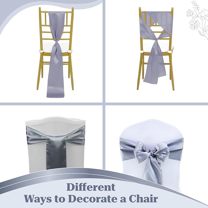 VDS Satin Chair Sashes Chair Cover Back Tie Sateen Bows Ribbon for Wedding Birthday Graduation Engagement Ceremony Event Party Banquet Venue Hotel All Dining Chair Décor (25PC)(Light Silver Grey)