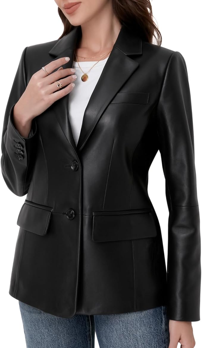 SILVER FASHIONS Lambskin Leather Jacket Women,Long Sleeve Button Front Leather Blazer,Notched Lapel Casual Style,Vent Detail