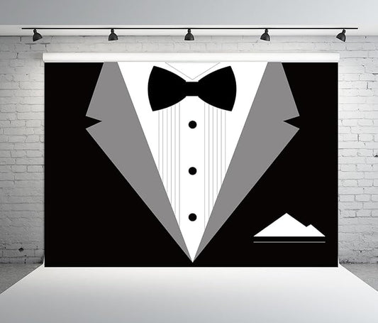 BELECO 9x6ft Fabric Gentleman Tuxedo Backdrop Black and White Bow Tie Suit Background Luxury Birthday Dinner Party Decor Banner Boy Men Father Bridegroom Photoshoot Studio Booth Props