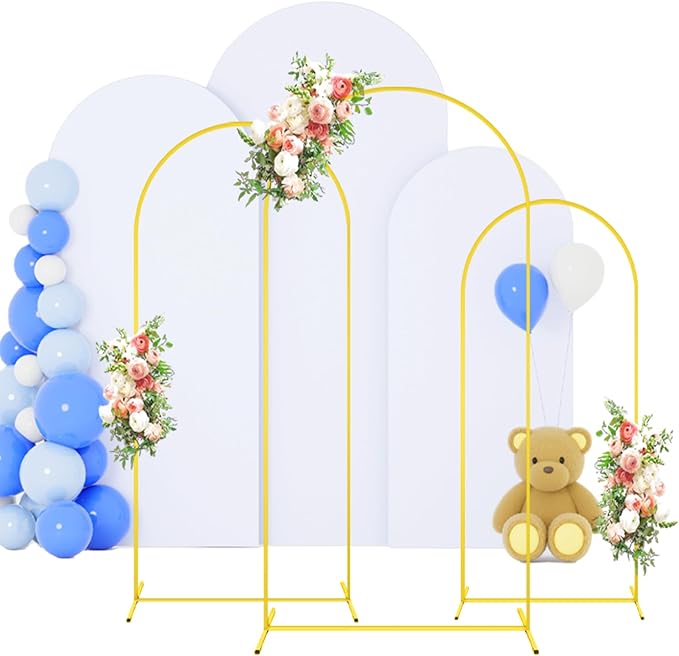FOTSHARER Arch Stand and Cover Set 7.2FT 6.6FT 6FT Gold Wedding Backdrop Stand White Backdrop Cover for Arch Stand Set of 3 Balloon Arch Stand with Cover for Birthday Party Banquets Baby Showers Decor