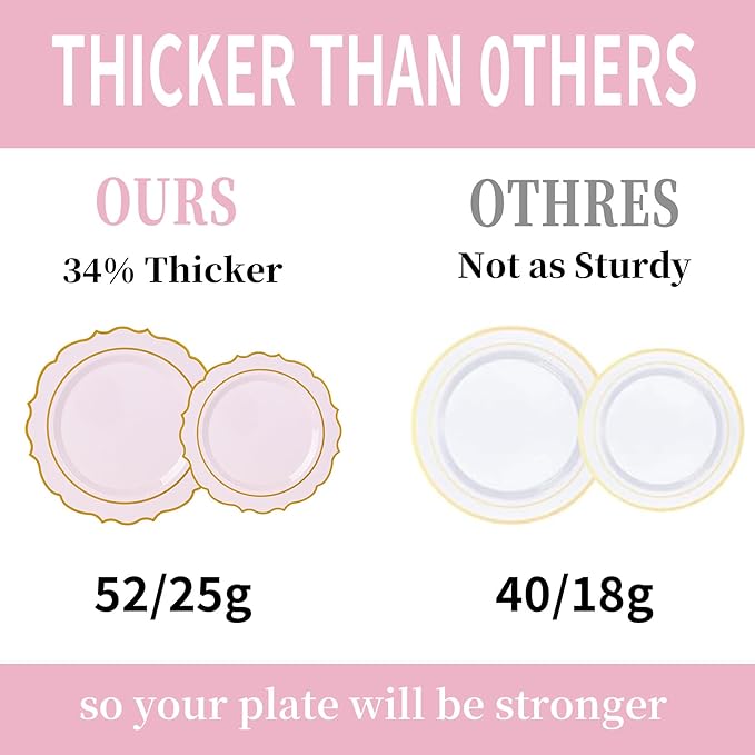 350PCS Pink Plastic Plates, Gold Plastic Dinnerware Sets for 50 Guests, Include 100 Disposable Plates, 50 Cups and 50 Pre Rolled Napkins with 150 PCS Gold Silverware for Party and Wedding