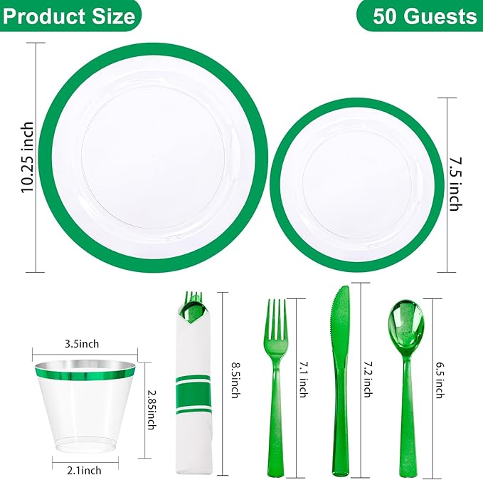 I00000 350 Pcs Green Plastic Plates-Clear Dinnerware Set for Party,Include 100 Dinner and Dessert Plates,50 Plastic Cups 9 OZ,50 Per Rolled Napkins with Cutlery for St. Patrick's Day