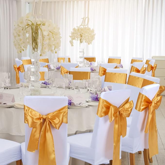 Babenest Satin Chair Sashes Ties Upgraded 50 pcs Chair Ribbons Bows for Wedding Banquet Party Christmas Baby Shower Events Decoration (Gold)