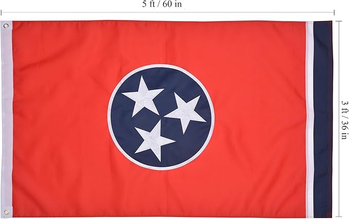 Tennessee State Flag 3x5 Ft, Deluxe Embroidered Heavy Duty Polyester Durable TN Outside Flags, Indoor/Outdoor, Sewn Stripes and Brass Grommets