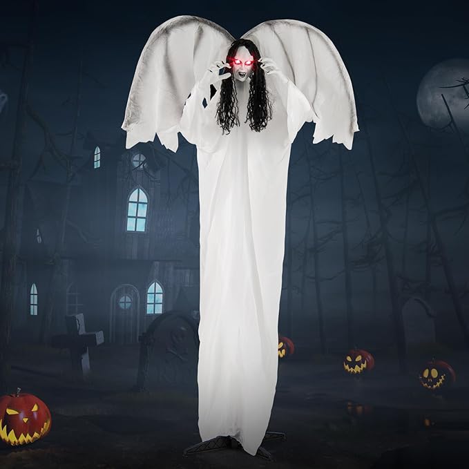 BECOMFORT 6.6 FT Halloween Animatronics, Sound-Activated Standing Angel with Flapping Wings, Glowing Eyes, Creepy Sounds & Posable Arms, Animated Halloween Props Decoration for Indoor & Outdoor