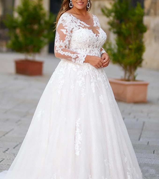 Plus Size Wedding Dresses for Bride Long Sleeve Wedding Bridal Gowns with Lace Appliques Off Shoulder Bride Dress