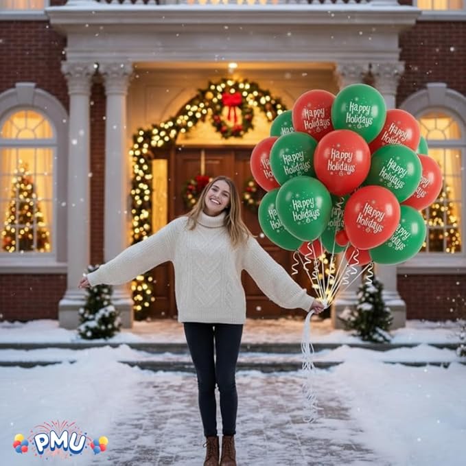 PMU 50 Pcs Christmas 17 Inch Latex Balloons – Red & Green Assorted “Happy Holidays” Party Balloons for Xmas Decorations, Holiday Events, Indoor Outdoor Christmas Party Supplies