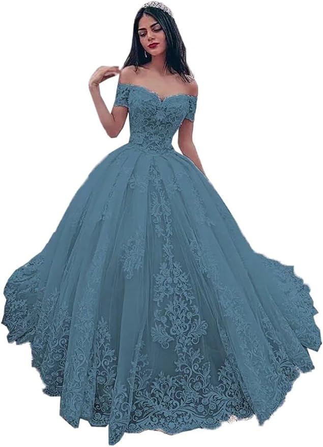 TRHTX Off Shoulder Lace Wedding Dresses for Bride Appliques Bridal Gowns for Women A-line Wedding Gowns with Train