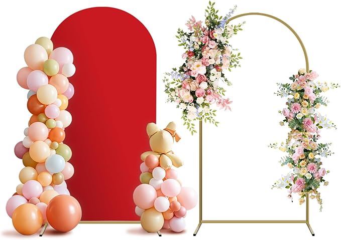 Arch Backdrop Stand and Cover Set, Metal Balloon Arch Backdrop 6.6ft, Gold Arched Stand Frame for Wedding, Parties,Birthday, Backdrop Decorations (Red,6.6ft)