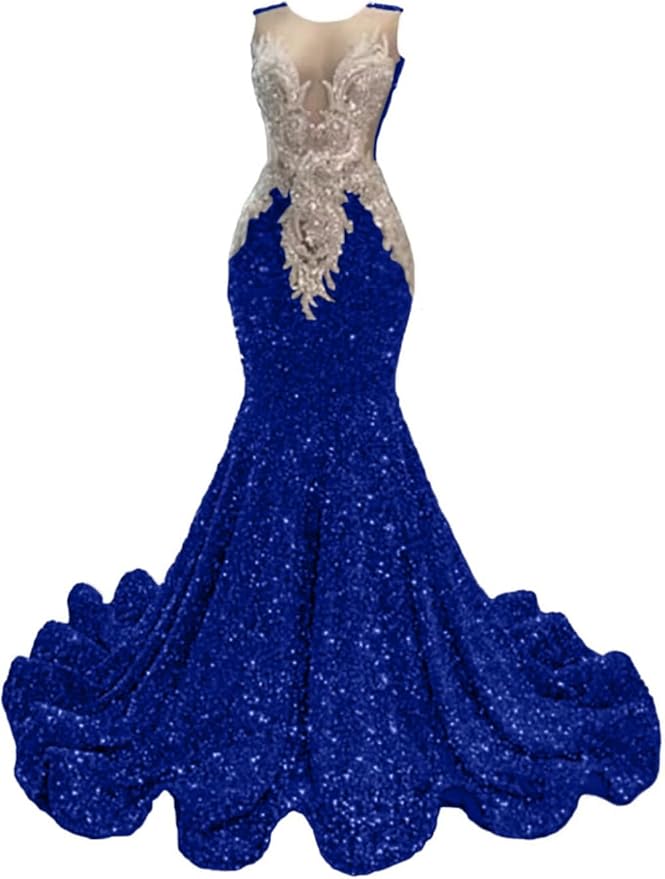 Datangep Crew Neck Sequined Mermaid Prom Dress Applique Crystal Evening Dress Celebrity Pageant Gown