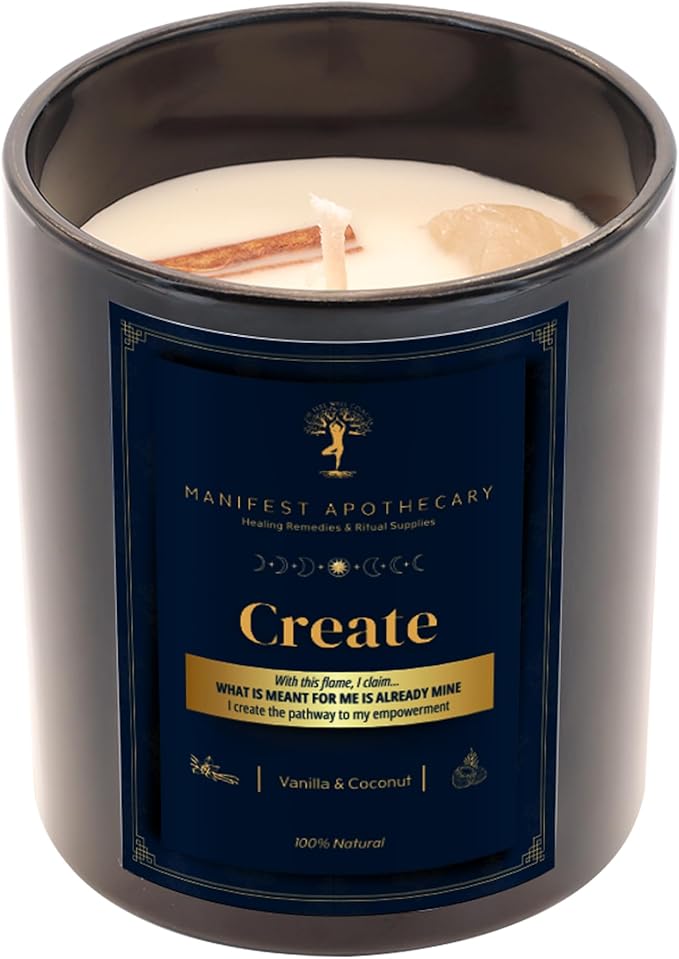 Create Aromatherapy Candle – Vanilla & Coconut Scent with Cinnamon and Rose Quartz Crystals – Hand-Poured Soy Candle for Inspiration, Creativity & Manifestation by Manifest Apothecary- Blue (Create)