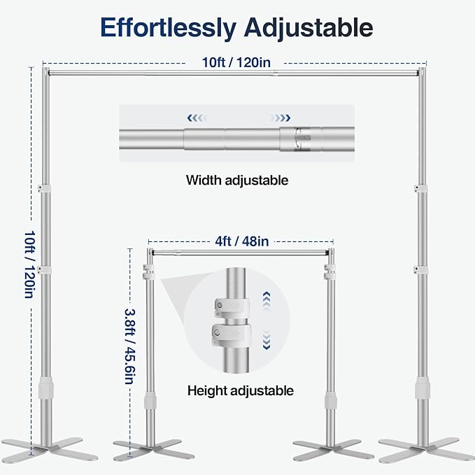 EMART Backdrop Stand Heavy Duty 10x10Ft, Pipe and Drape Photo Background Photography Kit, Adjustable Metal Frame with X-Shaped Base for Wedding Birthday Party Decoration