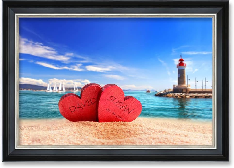 IPIC - Beach Lovers, Personalized Framed Wall Art with Names and Date on, Giclee Prints with Solid Wood, Custom Gifts for Wedding Anniversary. Total Framed Size: 27.25" W x 19.25" H