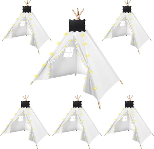 6 Packs Teepee Tent for Kids with 10FT String Lights, Indoor Outdoor Play Teepee Tent for Girls & Boys, Foldable Tents for Birthday Party Boho Sleepovers Party (White)
