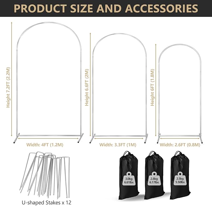 Metal Arch Backdrop Stand Set of 3 Wedding Arches for Ceremony Bridal Arch Stand 7.2FT & 6.6FT & 6FT Garden Arbor Frame for Wedding Birthday Party Baby Shower Background Decor, White