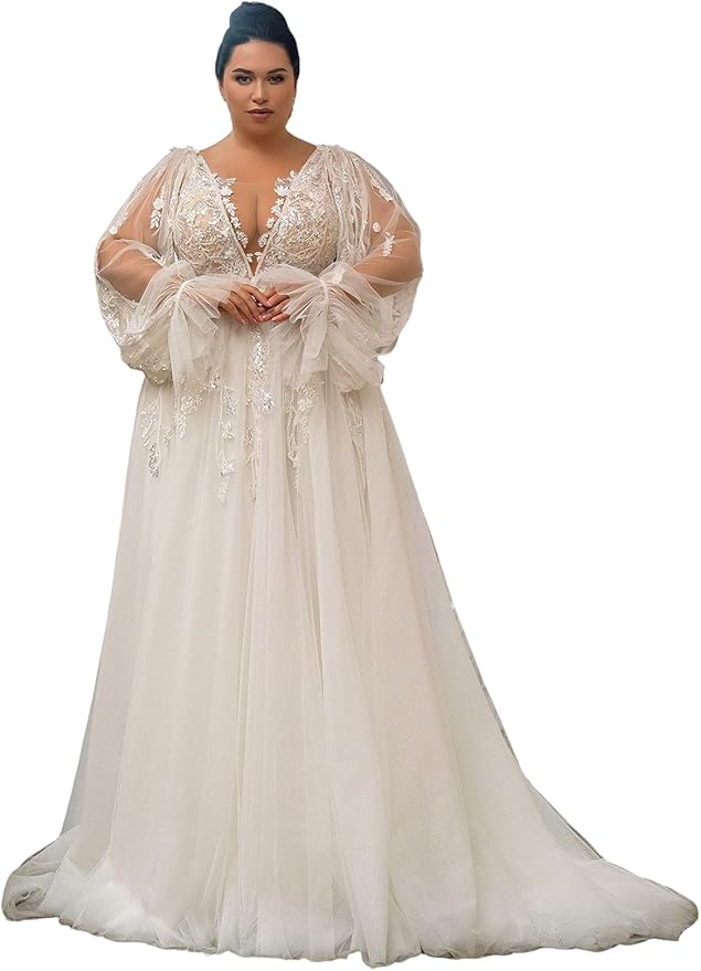 Plus Size Wedding Dresses for Bride Long Sleeve Wedding Bridal Gowns with Lace Appliques Off Shoulder Bride Dress