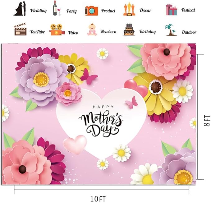 CHAIYA 10X8ft Mother's Day Background Pink Flower Love Background Festival Party Decoration Activity Gift Banner Photo Booth Photo Props CY-149