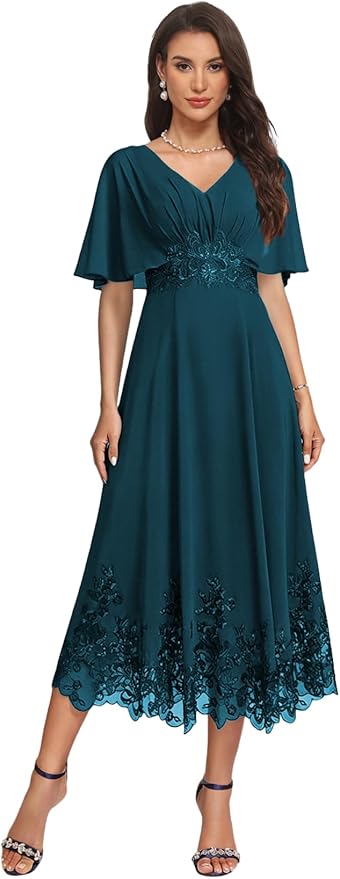 Tea Length Mother of The Bride Dress with Sleeves Laces Formal Evening Gowns for Wedding V Neck Wedding Guest Gown ZMX37