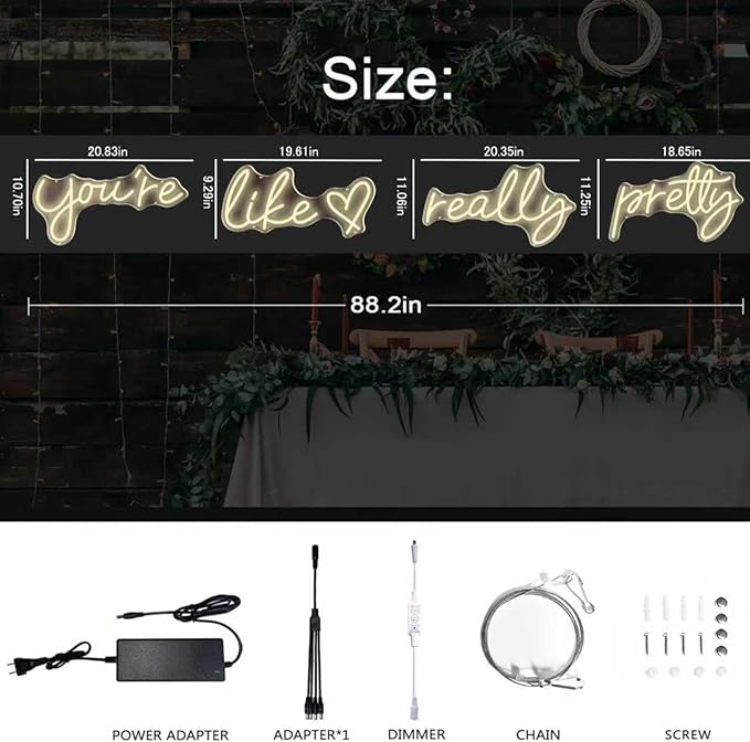 You're Like Really Pretty Neon Sign, Warm White light up Neon Signs for Wall Decor, Wedding, Engagement,Bedroom Bachelorette Party With Dimmable Switch USB Power(Super Large Style/88.2in）