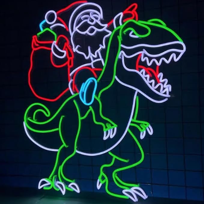 Santa Riding Dinosaur Neon Sign, Santa Claus Led Sign, Xmas Led Light for Christmas Decor, Santa Claus Light Up Wall Art Size:24 inches