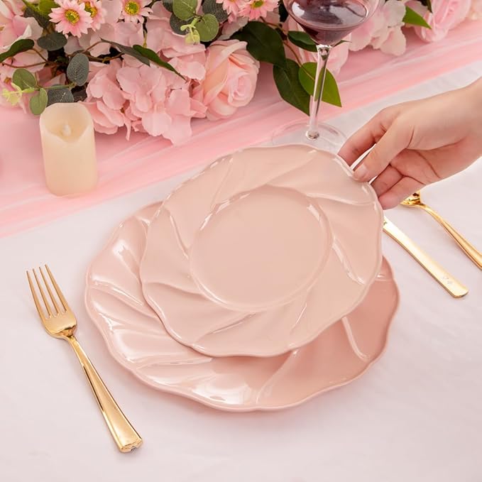 Morejoy Pink Plastic Plates 60PCS for Party, Disposable Plates, Includes 30PCS Dinner Plates, 30PCS Dessert Plates, Perfect for Wedding, Shower, Valentine's Day