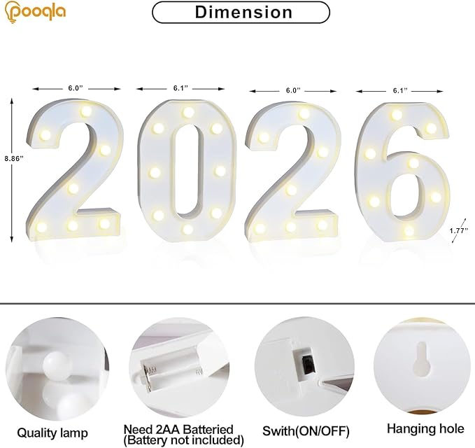 Pooqla Light Up Numbers 2026, Giant Marquee Numbers for New Year Decorations, 2026 Graduation Decorations for High School Seniors College Class of 2026 Party Classroom Decoration, Warm White