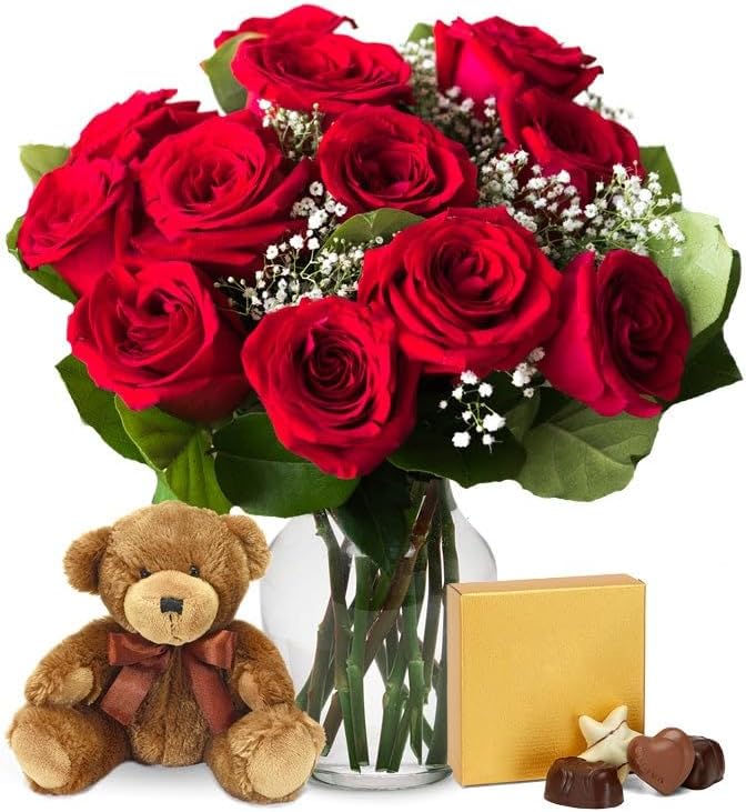 From You Flowers - One Dozen Red Roses & Chocolate & Teddy Bear with Glass Vase | Fresh Flower Bouquets for Birthday, Anniversary, Get Well or Celebration