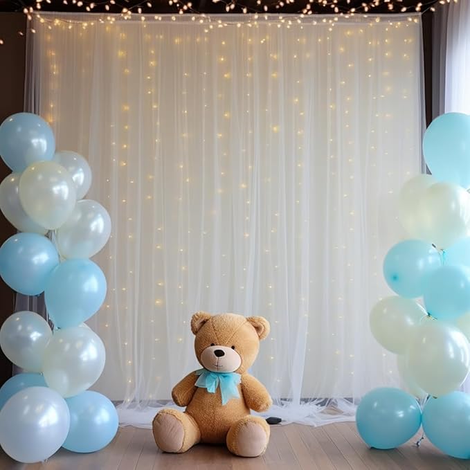 20x8ft White Tulle Backdrop Curtain with Lights String for Parites, Sheer Photo Backdrop Drapes with Lights for Wedding Ceremony Reception Bridal Shower Baby Shower Birthday Party