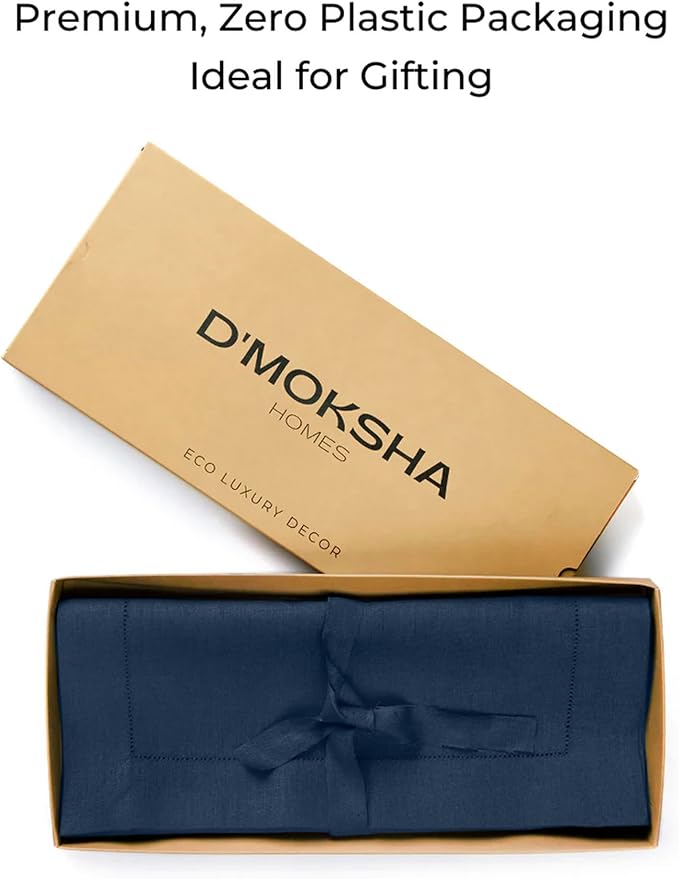 D'Moksha Homes Linen Navy Blue Table Runner 144 Inches Long - 100% Pure Linen Extra Long Table Runner 14 x 144 Inch for Easter - Classic Hemstitch
