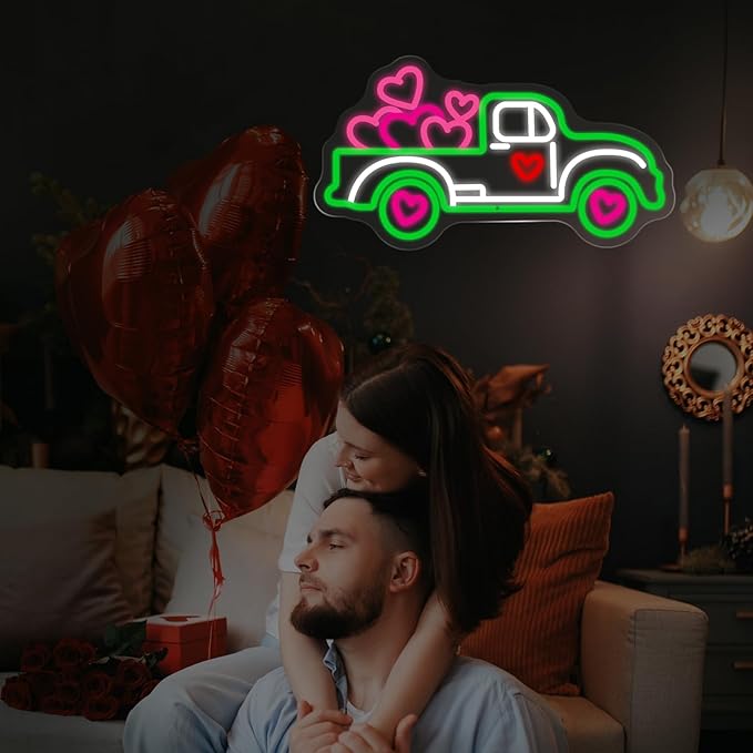 Truck With Hearts Neon Sign - 5-Level Dimmable USB Valentine's Day Decor & Heart Neon Signs, Ideal for Weddings, Party Setups, Shop Walls, Romantic Bedroom Wall Art