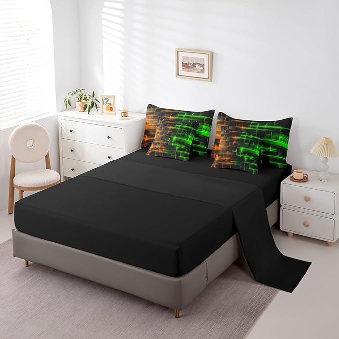 Feelyou Green and Orange Comforter Set with Sheets 7 Piece Twin Size Kids Geometric Bed in a Bag Strip Lines Bedding Set Abstract Art Bed Set with Comforter, Sheets,Cushion Covers
