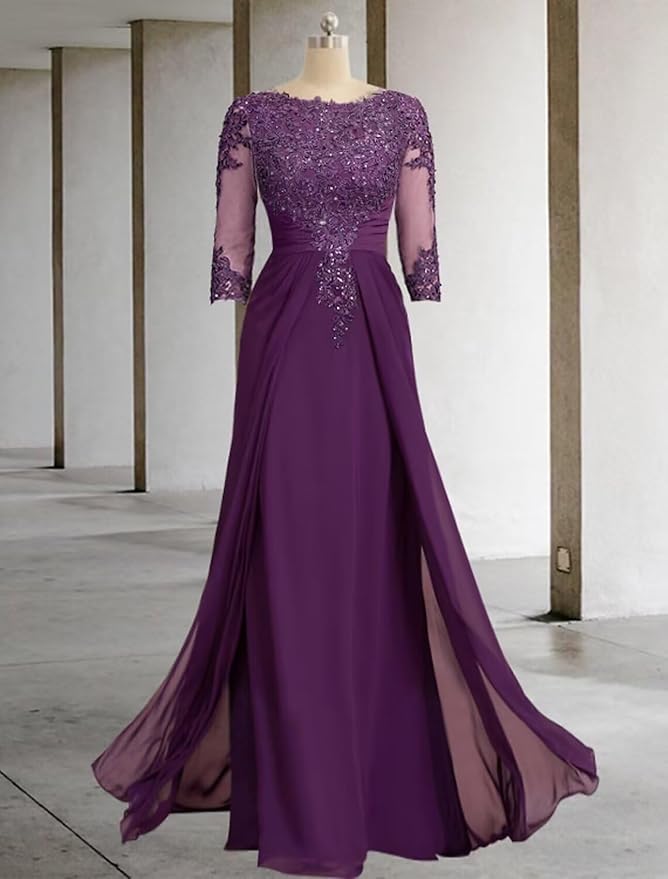 Long Sleeve Mother of The Bride Dresses for Wedding Lace Appliques Chiffon Formal Dress He6052