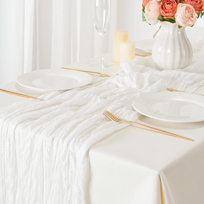 combocube 12 Pack 35x120 Inch 10Ft Cheesecloth Long Table Runner Gauze Rustic Romantic Table Cloth for Wedding Reception Bridal Shower Holiday Birthday Party Table Decorations, White