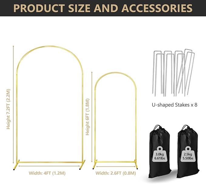 Gold Arch Backdrop Stand Set of 2 Metal Wedding Arch Stand 7.2FT & 6FT Balloon Backdrop Frame for Birthday Party Wedding Graduations, Holiday Ceremony - Ideal for Flowers and Garden Decor