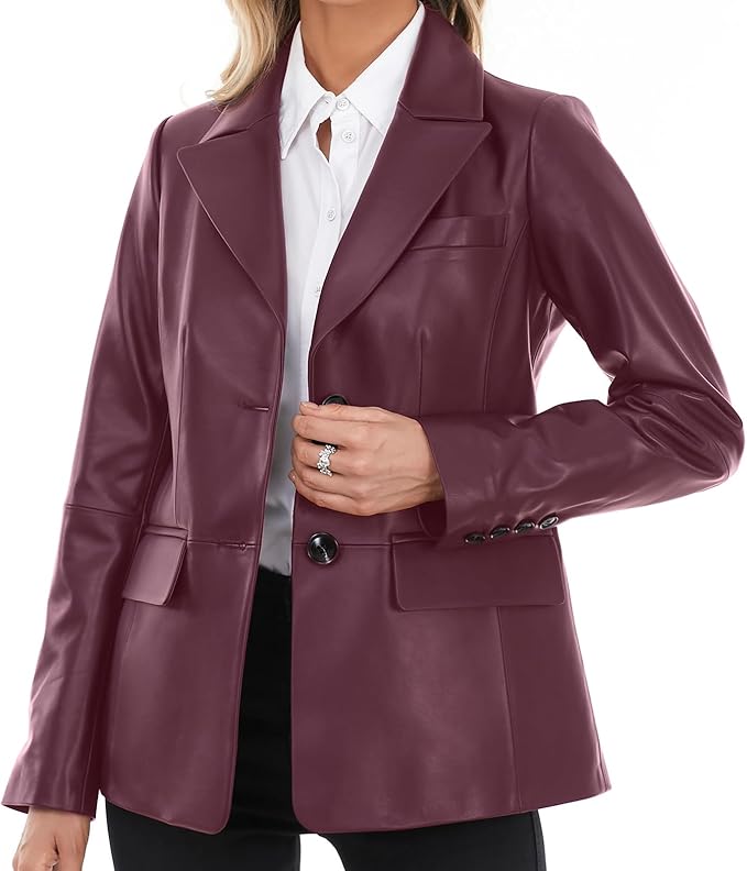 SILVER FASHIONS Lambskin Leather Jacket Women,Long Sleeve Button Front Leather Blazer,Notched Lapel Casual Style,Vent Detail