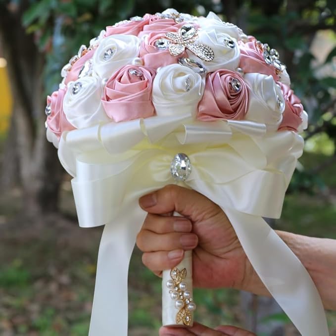 Ivory Blush Pink Bridal Wedding Bouquet Handmade with Luxury Gold Brooch Rhinestone Pearl for Bride Bridesmaid Quinceanera Satin Rose Flower Bouquet Wedding Blush Pink and Ivory 8.7in