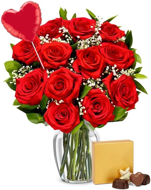 From You Flowers - One Dozen Red Roses + Heart Balloon + Chocolate with Glass Vase | Fresh Flower Bouquets for Birthday, Anniversary, Get Well or Celebration